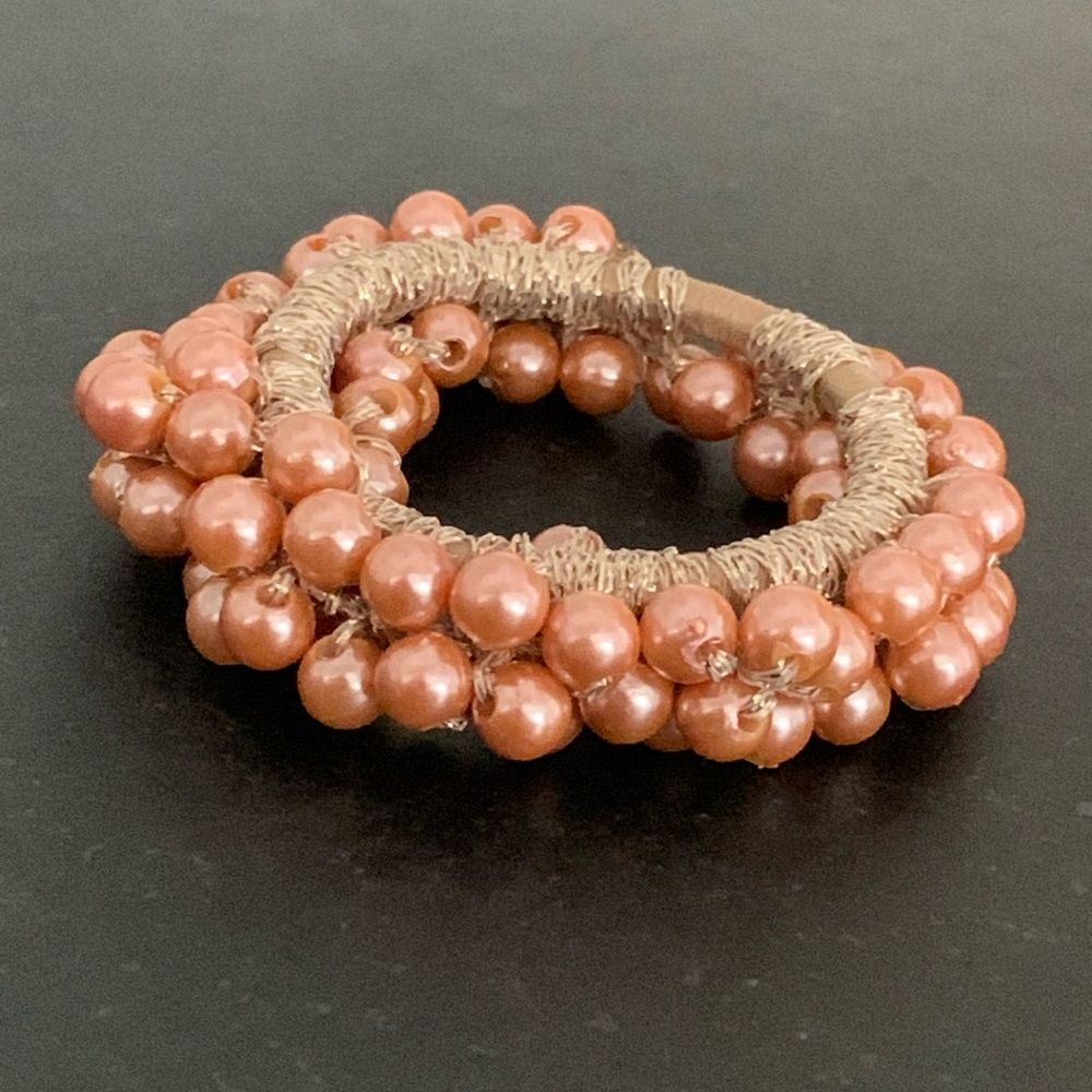 The Bardot Hair Tie - Rose Pearl Clusters on Gold Elastic